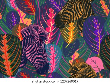 Seamless pattern with tropical leaves and animals zebras. Vector illustration. Exotic motifs of nature wildlife. Colorful template for the design of fabrics, textile, paper, wallpaper.