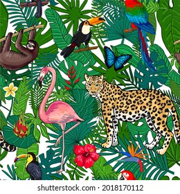 seamless pattern tropical leaves and animals
