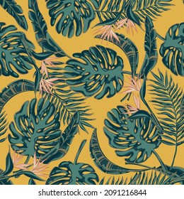 Seamless pattern with tropical leaves. Tropical background for textile, fabric, stationery, clothes, decor, swimming wear and other designs.