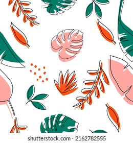 Seamless pattern with tropical leaves. Banana leaves, branches, monstera. Trendy wallpaper on a white background.