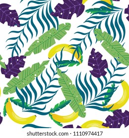 seamless pattern of tropical leaves and bananas, vector illustration in flat style