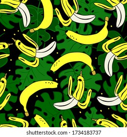 Seamless pattern with tropical leaves and bananas. Vector illustration. Colourful pattern for clothes summer.