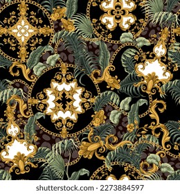 Seamless pattern with tropical leaves and baroque elements. Vector