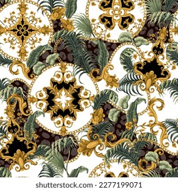 Seamless pattern with tropical leaves and baroque elements. Vector
