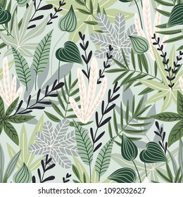 Seamless pattern with tropical leaves. Beautiful print with hand drawn exotic plants. Swimwear botanical design. Vector illustration.