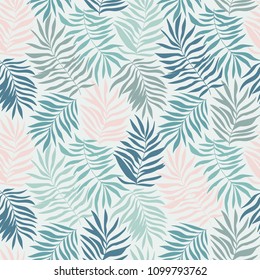 Patrón sin problemas con hojas tropicales. Hermosa impresión con plantas exóticas dibujadas a mano. Diseño botánico de ropa de baño. Ilustración vectorial.