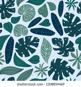 Seamless pattern with tropical leaves. Beautiful print with hand drawn exotic plants. Fashion botanical fabric design. Vector illustration.