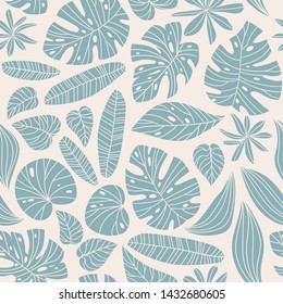 Seamless pattern with tropical leaves. Beautiful print with hand drawn exotic plants. Fashion botanical fabric design. Vector illustration in blue colors.