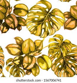 Seamless pattern with tropical leaves. Beautiful allover print with hand drawn exotic plants. Summer nature jungle print. Can be used for any kind of a surface design. Vector.