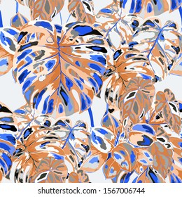Seamless pattern with tropical leaves. Beautiful allover print with hand drawn exotic plants. Summer nature jungle print. Can be used for any kind of a surface design. Vector.