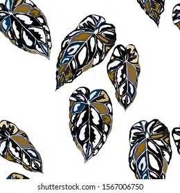 Seamless pattern with tropical leaves. Beautiful allover print with hand drawn exotic plants. Summer nature jungle print. Can be used for any kind of a surface design. Vector.