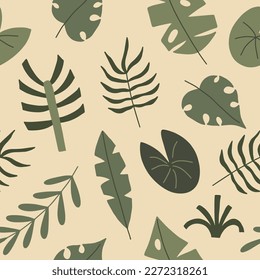 Patrón sin foco con hojas tropicales. Hermosa impresión con plantas exóticas dibujadas a mano. Diseño botánico de bañador. Ilustración vectorial.