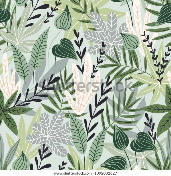 シームレスな模様と熱帯の葉 手描きのエキゾチックな植物を持つ美しい印刷 水着の植物デザイン ベクターイラスト のベクター画像素材 ロイヤリティフリー