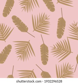 Seamless pattern of tropical leaves of beige color on a pink background. Vector illustration 
