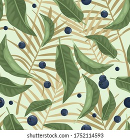 Seamless pattern tropical leaves and berries. Vector illustration.
Printing on fabric, paper, postcards, invitations.
