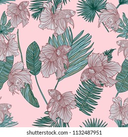 Seamless pattern with tropical leaves and big tail fishes on pink background. Vector illustration. Typography design elements for prints, cards, posters, products packaging, branding.