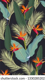 Seamless pattern tropical leaves with bird of paradise on black background
