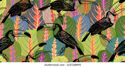 Seamless pattern with tropical leaves and birds toucans. Vector illustration. Exotic motifs of nature wildlife. Colorful template for the design of fabrics, textile, paper, wallpaper.