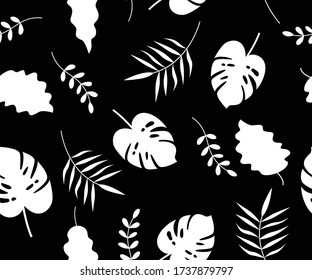 Patrón sin fisuras de hojas tropicales, diseño negro y blanco