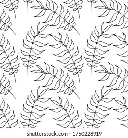 Seamless pattern of tropical leaves. Black outline drawing on a white background. Vector image. Print for textiles, wrapping paper.