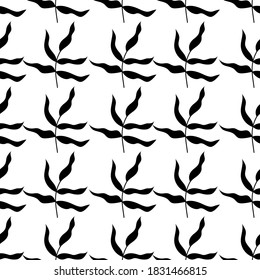 Seamless pattern with tropical leaves.  Black leaves on white backdrop