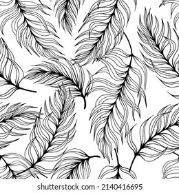 Seamless pattern with tropical leaves. Black and white hand drawn vector illustration.