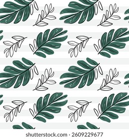 Seamless pattern with tropical leaves with black outline. Exotic foliage backckground. Line art drawing style.