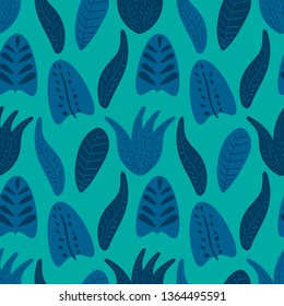Seamless pattern with tropical leaves in blue tones, vector