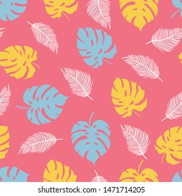 Seamless pattern of tropical leaves in blue and yellow on a pink background