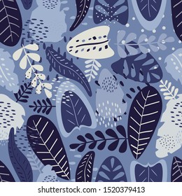 Seamless pattern with tropical leaves in blue colors. Seamless jungle pattern with tropical elements, vector