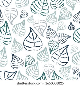 
Seamless pattern: tropical leaves with a blue outline on a white background. vector. illustration