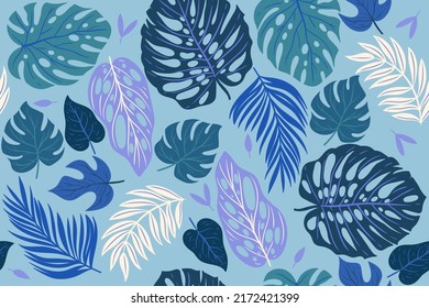 Nahtloses Muster mit tropischen Blättern in blauen Farben. Vektorgrafiken.