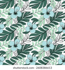 Padrão sem costura com folhas tropicais e hibisco azul. Fundo de flores exóticas. Estilo de desenho do esboço.