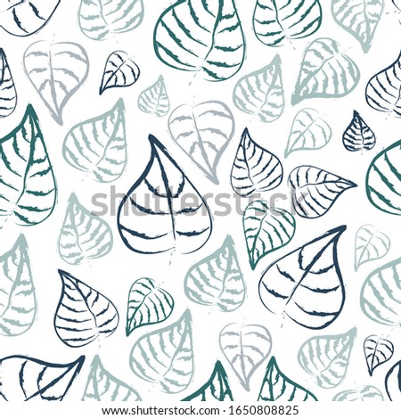 
Seamless pattern: tropical leaves with a blue outline on a white background. vector. illustration