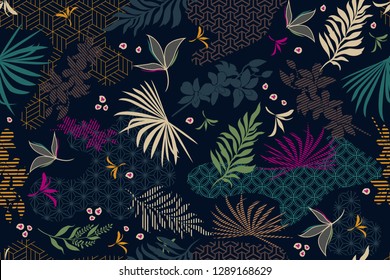 Seamless pattern with tropical leaves. Botanical design trendy. Design for fabric, textile, wrapping paper and other decoration.Vector illustration.