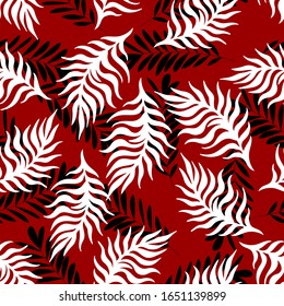 Patrón inoxidable, hojas tropicales, ilustración botánica de verano sobre un fondo rojo