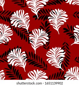 Patrón inoxidable, hojas tropicales, ilustración botánica de verano sobre un fondo rojo
