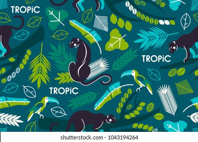 Seamless pattern with tropical leaves, branches of trees, jaguars and toucans. Flat style. Vector illustration.