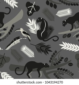 Seamless pattern with tropical leaves, branches of trees, jaguars and toucans. Flat style. Vector illustration.