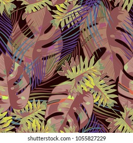seamless pattern of tropical leaves in bright colors