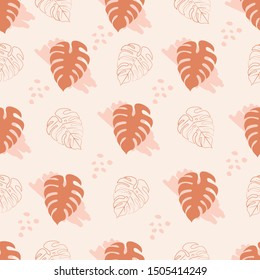 Seamless pattern with tropical leaves in brown color