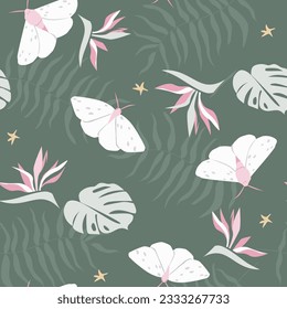 Seamless pattern with tropical leaves and butterflies. Natural abstract exotic print. Vector graphics.