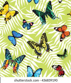Seamless pattern with tropical leaves and butterflies. Vector illustration.