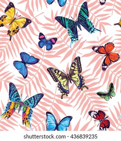 Seamless pattern with tropical leaves and butterflies. Vector illustration.