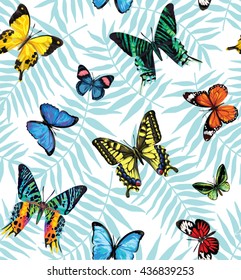 Seamless pattern with tropical leaves and butterflies. Vector illustration.