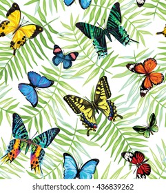 Seamless pattern with tropical leaves and butterflies. Vector illustration.