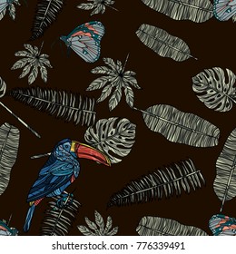 Seamless pattern with tropical leaves, butterfly and toucan seamless pattern. Vector illustration. Typography design elements for prints, cards, posters, products packaging, branding.