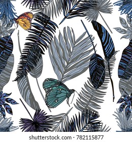 Seamless pattern with tropical leaves and butterfly. Vector illustration. Typography design elements for prints, cards, posters, products packaging, branding.