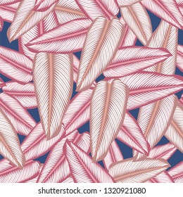 Seamless pattern with tropical leaves: calathea ornata, jungle pink leaf seamless vector pattern blue background. Swimwear botanical design. Vector.
