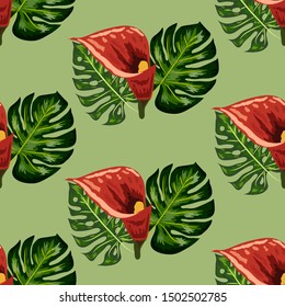 Seamless pattern with tropical leaves and callas lilies flowers. Dark and bright green palm leaves, seamless pattern. Tropical illustration. Jungle foliage.